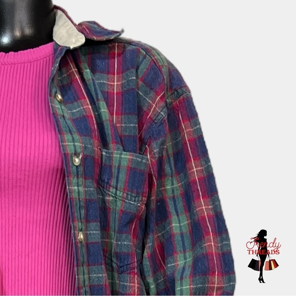 Vintage NorthCrest Plaid Distressed Flannel Mens LARGE Pocket Fall Button Shirt - Picture 3 of 8